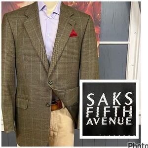 Vintage Saks Fifth Ave‎ Blazer Mens 42L Long Wool Burnt Olive/Brown/Blue Flannel